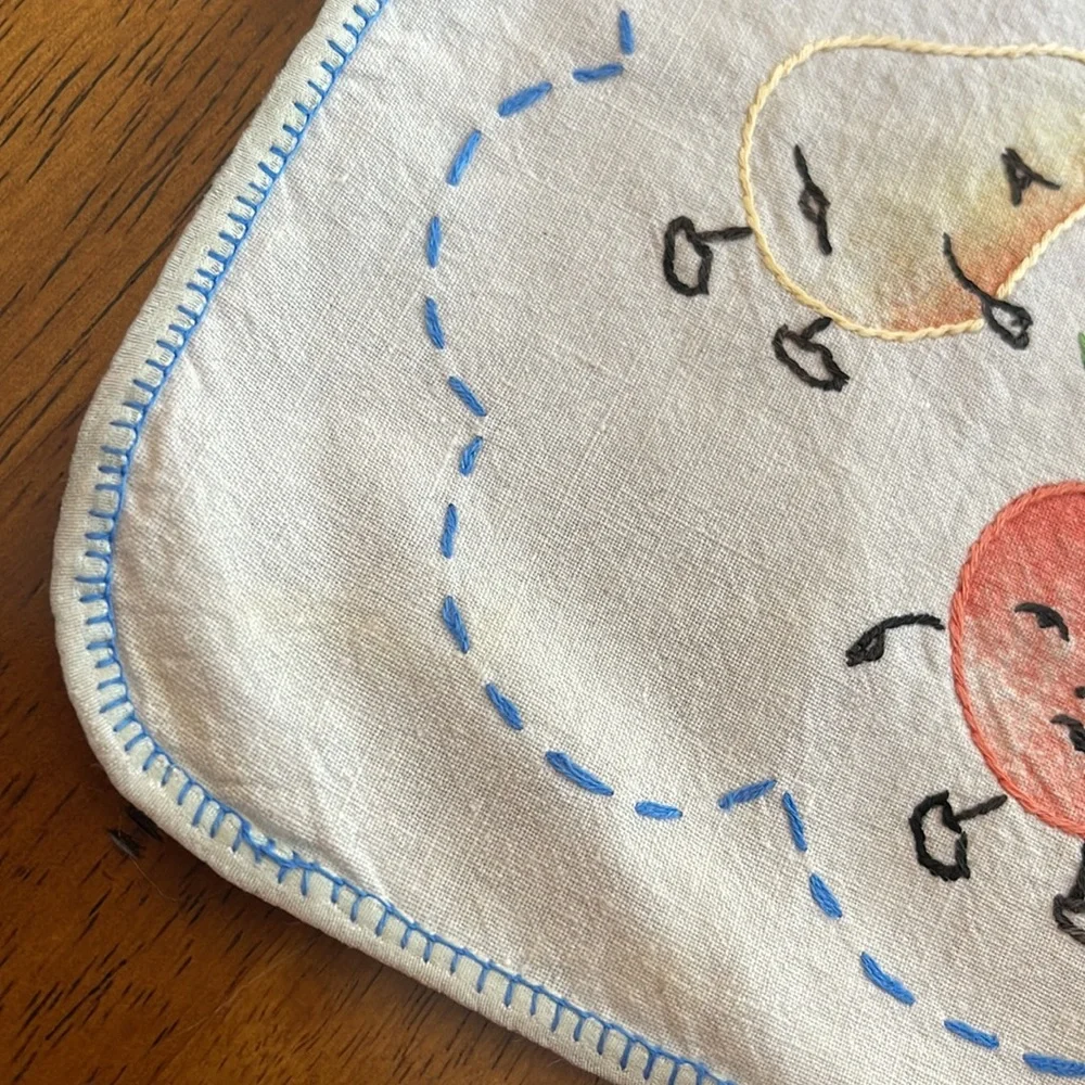 Embroidered Baby Bib Blue and White Child eat your fruit Vintage Handmade